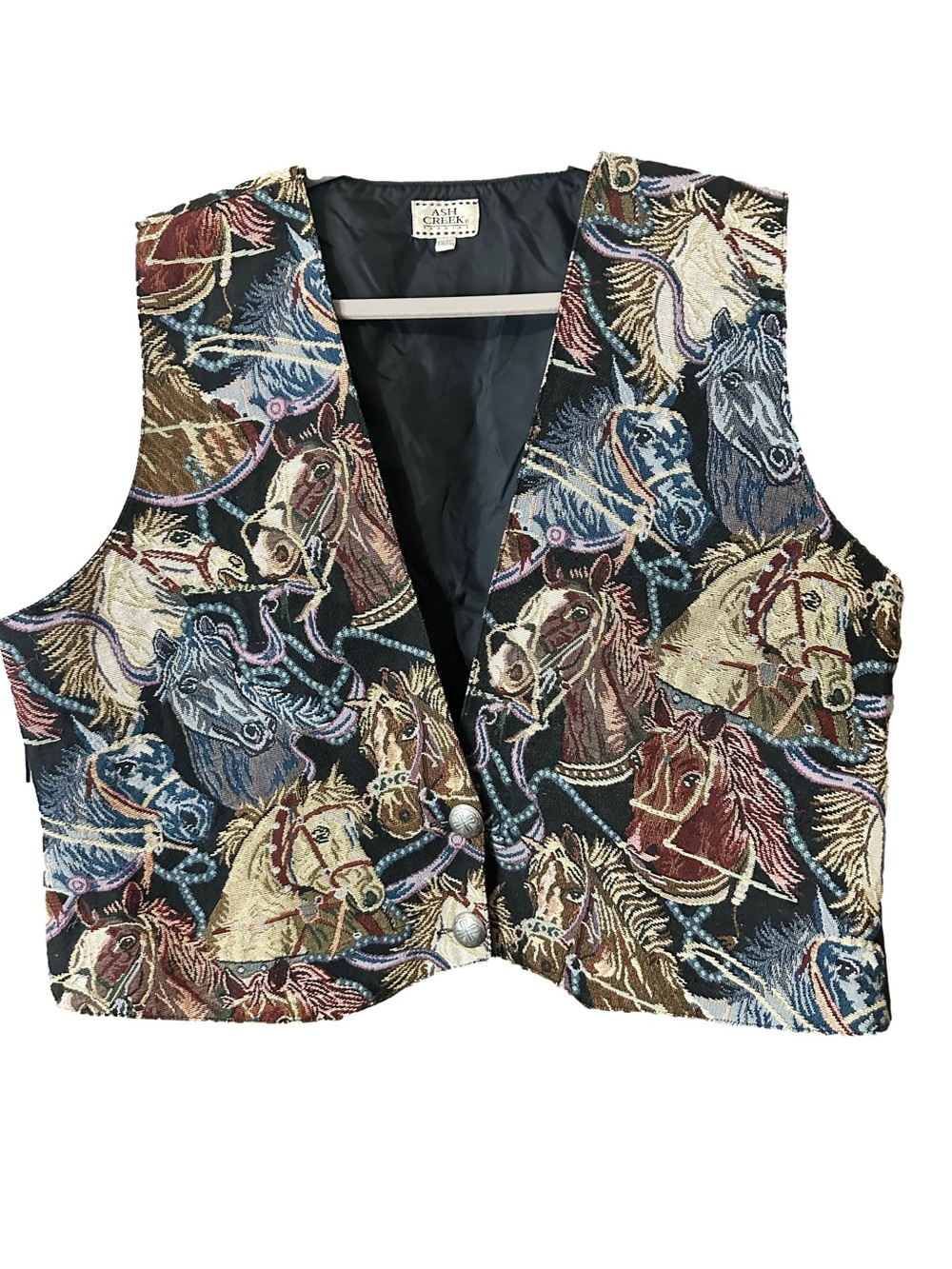 Vtg Ash Creek Bridled Horses Tapestry Vest with Multicolor Equine Print Size XXL